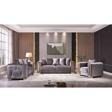 Impreza Thick Velvet Fabric Upholstered 3Pc Living Room Set Made With Wood In Gray