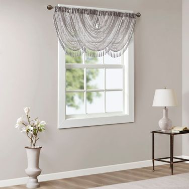 Irina Diamond Sheer Embroidered Waterfall Valance In Grey