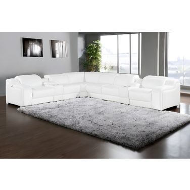 Italian Leather 4 Power Reclining L Shaped Eight Piece Corner Sectional with Console In White