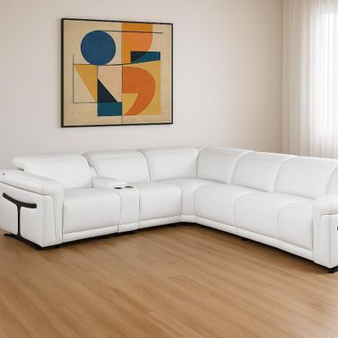 Italian Leather Modular L Shaped Seven Piece Corner Sectional with Console In White
