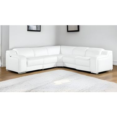 Italian Leather Power Reclining L Shaped Five Piece Corner Sectional In White
