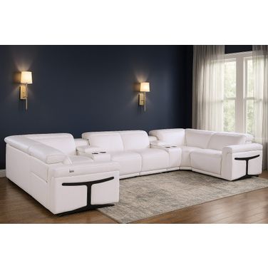 Italian Leather Power Reclining U Shaped Eight Piece Corner Sectional with Console In White