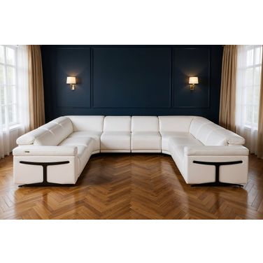 Italian Leather Power Reclining U Shaped Eight Piece Corner Sectional with Console In White