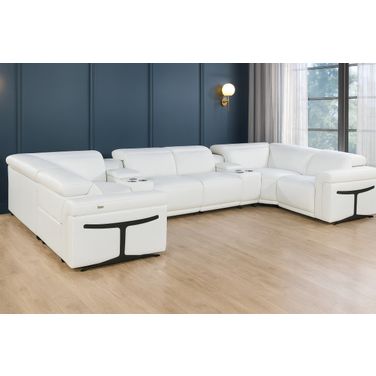Italian Leather Power Reclining U Shaped Eight Piece Sectional with Console In White