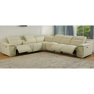 Italian Leather Power Reclining U Shaped Seven Piece Corner Sectional with Console In Beige