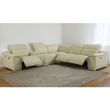 Italian Leather Power Reclining U Shaped Six Piece Corner Sectional with Console In Beige