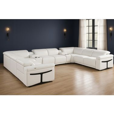 Italian Leather Power Reclining U Shaped Ten Piece Corner Sectional with Console In White