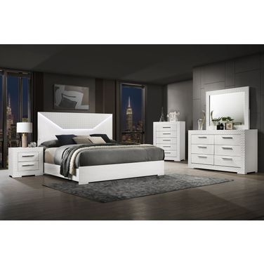 Ives Panel Bedroom Set with LED Headboard In White High Gloss
