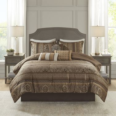 Jacquard 7 Piece Queen Comforter Set In Brown/Gold