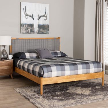 Jaiana Fabric and Wood Queen Bed In Grey and Oak Brown