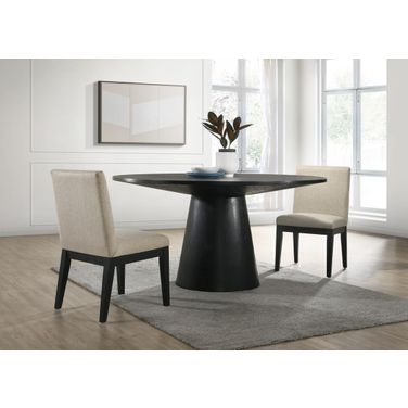 Jasper 3 Piece 59 Inch Round Dining Table Set with Beige Fabric Chairs In Ebony Black