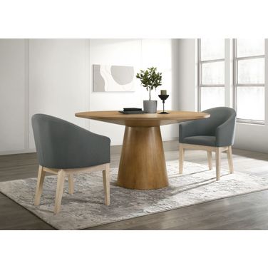 Jasper 3 Piece 59 Inch Round Dining Table Set with Gray Barrel Chairs In Driftwood