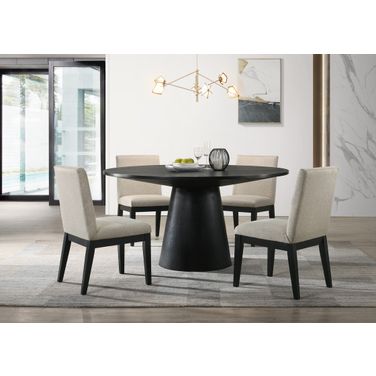 Jasper 5 Piece 59 Inch Round Dining Table Set with Beige Fabric Chairs In Ebony Black