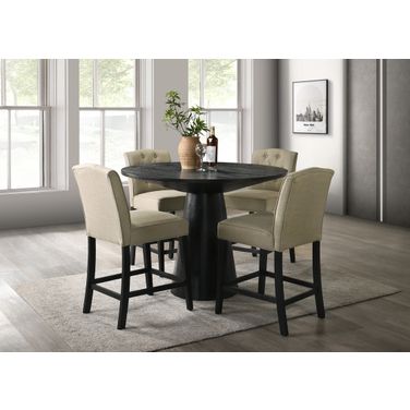 Jasper 5PC 47 Inch Round Pedestal Counter Height Set with Beige Upholstered Chairs In Ebony Black