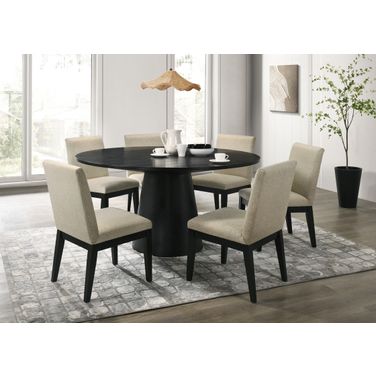 Jasper 7 Piece 59 Inch Round Dining Table Set with Beige Fabric Chairs In Ebony Black