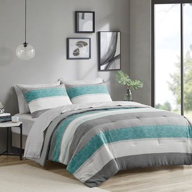 Jaxon Stripe 7 Piece King Comforter Set with Bed Sheets In Aqua and Grey