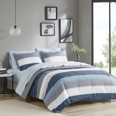 Jaxon Stripe 7 Piece King Comforter Set with Bed Sheets In Blue and Grey