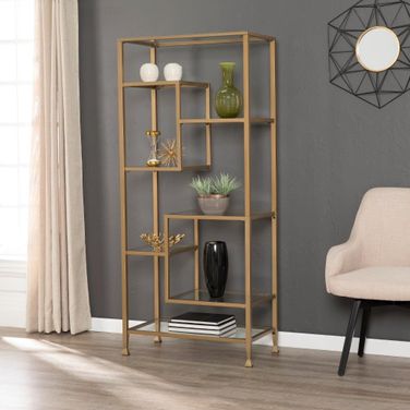 Jaymes Metal And Glass Asymmetrical Etagere In Gold