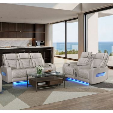 Jazz Leather Aire Transformer Power Reclining Sofa and Loveseat Living Room Set In Ice