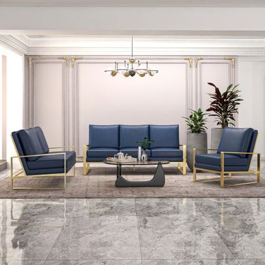 Jefferson Leather 3-Piece Living Room Sofa Set with Elegant Gold Frame In Navy Blue
