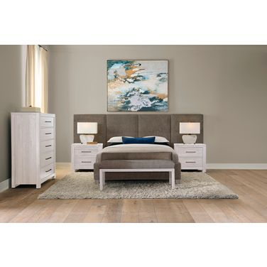 Joinery Upholstered Wall Bedroom Set In Brindle Grey and Whitewashed Oak