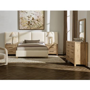 Joinery Upholstered Wall Bedroom Set In Ivory Cream and Whitewashed Oak