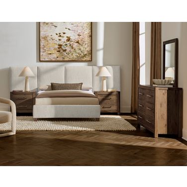 Joinery Upholstered Wall Bedroom Set In Labradoodle and Espresso Oak