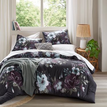 Jolene 3 Piece Cotton Printed Comforter Set In Dark Grey and Plum