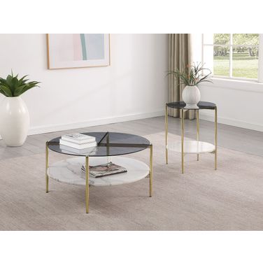 Jonelle Round Glass Top Occasional Table Set with White Marble Shelf In Smoke