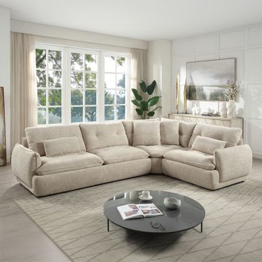 Jonina Sectional Sofa with 4 Pillows In Beige Chenille