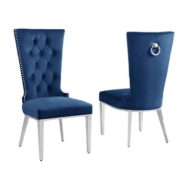 Julie Upholstered Side Chairs Set of 2 In Navy Blue Velvet and Stainless Steel