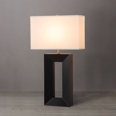 Julie White Linen Shade Standing Table Lamp In Ebony and Weathered Brass