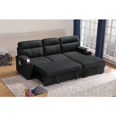 Kaden 94 Inch Fabric Sleeper Sectional Sofa Chaise with Storage Arms and Cupholder In Black
