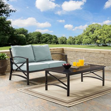 Kaplan 2 Piece Outdoor Loveseat Patio Furniture Set In Mist and Oil Rubbed Bronze