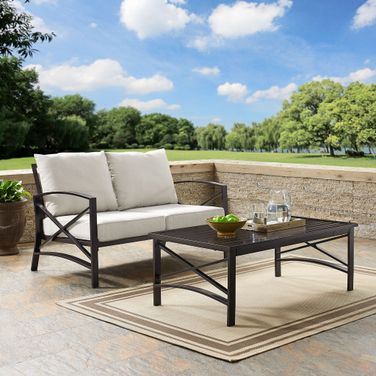 Kaplan 2 Piece Outdoor Loveseat Patio Furniture Set In Oatmeal and Oil Rubbed Bronze