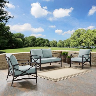 Kaplan 3 Piece Outdoor Loveseat Patio Furniture Set In Mist and Oil Rubbed Bronze