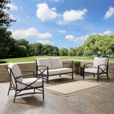Kaplan 3 Piece Outdoor Loveseat Patio Furniture Set In Oatmeal and Oil Rubbed Bronze