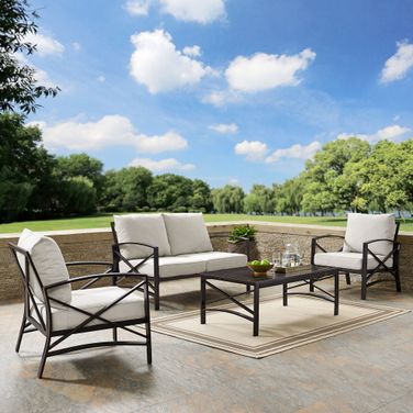 Kaplan 4 Piece Outdoor Loveseat Patio Furniture Set In Oatmeal and Oil Rubbed Bronze