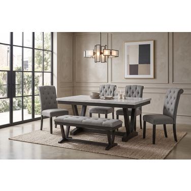 Karol Dining Room Set In Faux Marble Top and Weathered Gray Wood