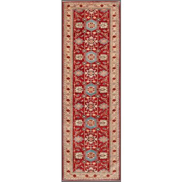 Kazak Collection Hand-Knotted Lamb's Wool Area Rug- 3' 1" x 9' 7" In Ivory and Rust