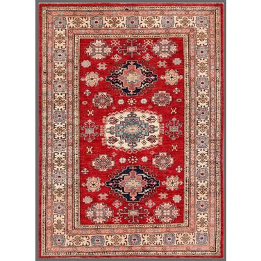 Kazak Collection Hand-Knotted Lamb's Wool Area Rug- 4' 8" x 6' 6" In Ivory and Rust