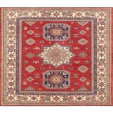 Kazak Collection Hand-Knotted Lamb's Wool Area Rug- 5' 2" x 5' 11" In Ivory and Red