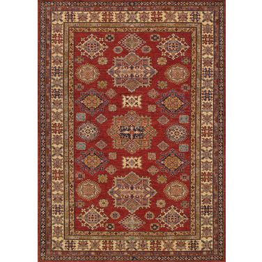Kazak Collection Hand-Knotted Lamb's Wool Area Rug- 6' x 8' 6" In Ivory and Red