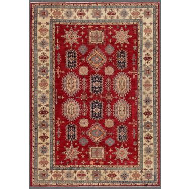 Kazak Collection Hand-Knotted Lamb's Wool Area Rug- 9' 9" x 13' 3" In Ivory and Rust