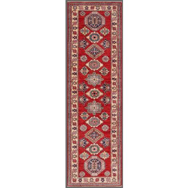 Kazak Collection Hand-Knotted Lamb's Wool Runner- 2' 6" x 8' 6" In Ivory and Rust