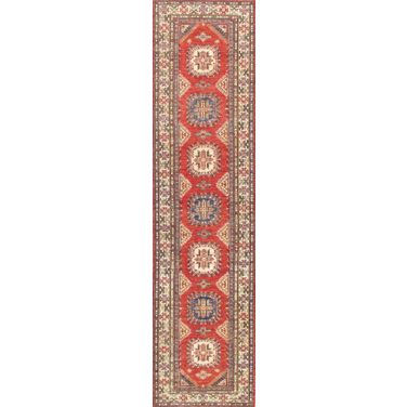 Kazak Collection Hand-Knotted Lamb's Wool Runner- 2' 8" x 10' 11" In Ivory and Red