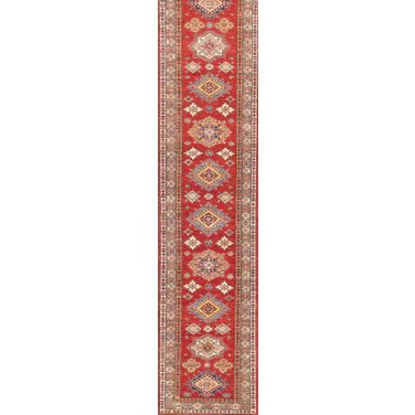Kazak Collection Hand-Knotted Lamb's Wool Runner- 2' 9" x 12'10" In Blue and Red