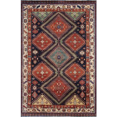 Kazak Collection Hand-Knotted Wool Area Rug- 6' 8" x 10' 3" In Navy and Ivory