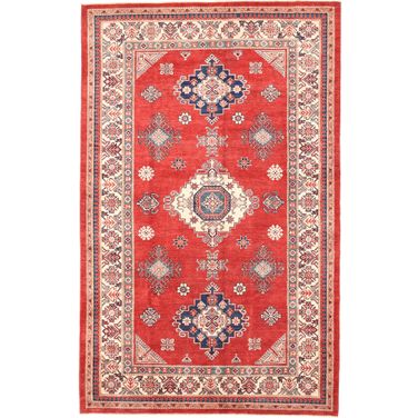 Kazak Collection Wool Area Rug- 6' 3" x 10' In Ivory and Rust