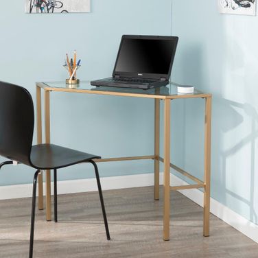 Keaton Metal And Glass Corner Desk In Soft Gold